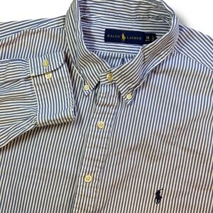 Ralph Lauren Button Down Shirt Mens 18 Blue Striped Long Sleeve Pony Logo